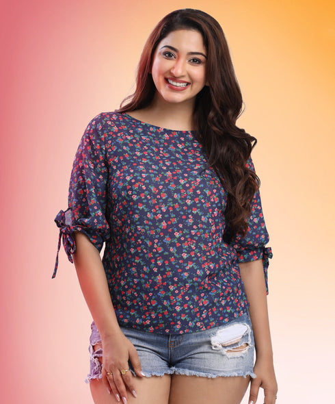 Printed Sleeve Tie Up Blue Top